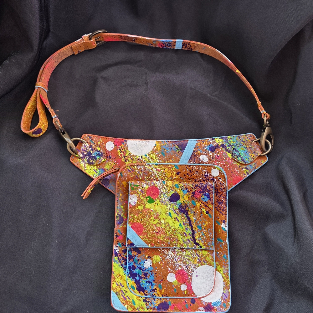 BootLabMD Hand-Painted Neon Splatter Orange Leather Crossbody / Belt Bag - Picture 2 of 6